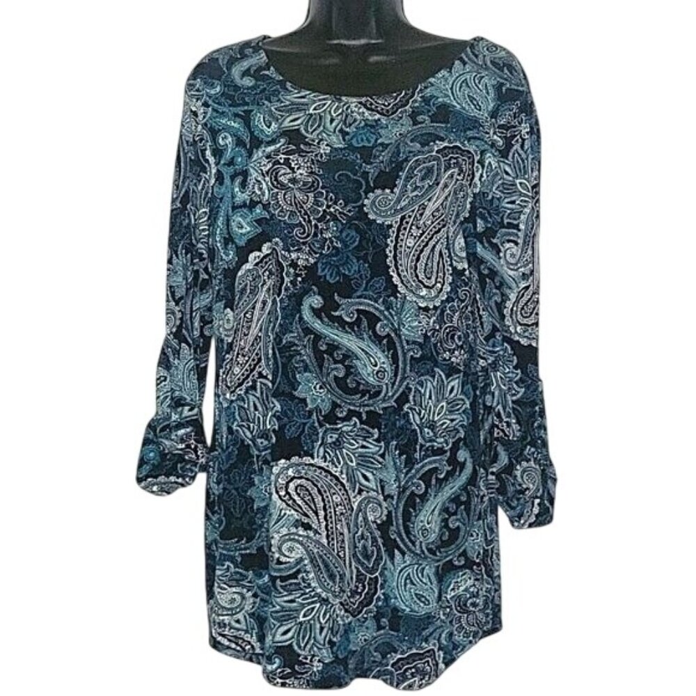Roz & Ali Paisley Print Long Sleeve Tunic Top M‎ Blue/Teal Stretchy Rayon Blend